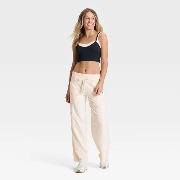 Women's Mid-Rise Foldover Wide Leg Pants - JoyLab' Cream L - Picture 3 of 3